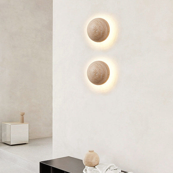 Traditional Japanese Round Yellow Travertine Wall Sconce