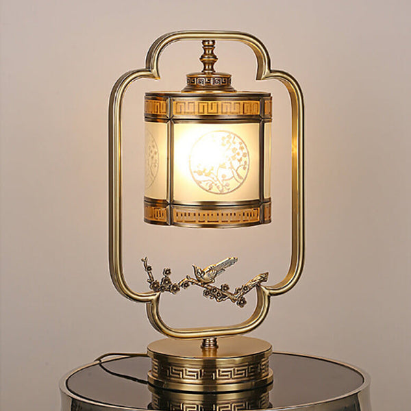 Chinese Glass Full Copper Carved 1-Light Table Lamp