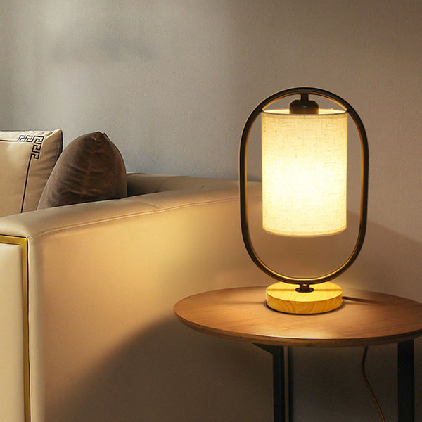 Scandinavian Cylinder Solid Wood Fabric Metal Table Lamp
