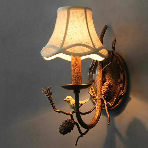 Vintage Fabric Bird Pinecone Resin 1/2 Light Wall Sconce