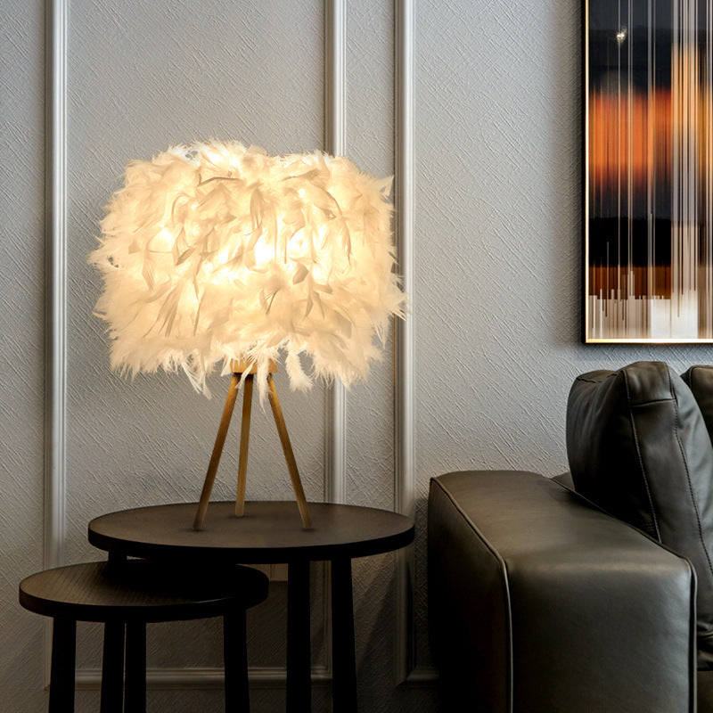 Modern Art Deco Feather Wood Cylinder Triangle Table Lamp