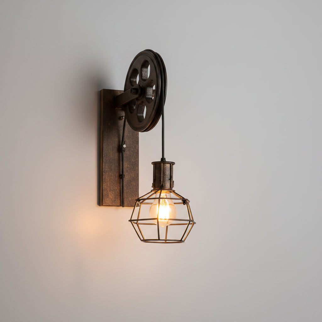 Vintage Industrial Pulley Iron 1-Light Wall Sconce