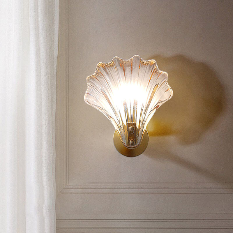 Modern Art Deco Scalloped Shell Amber Glass Wall Sconce