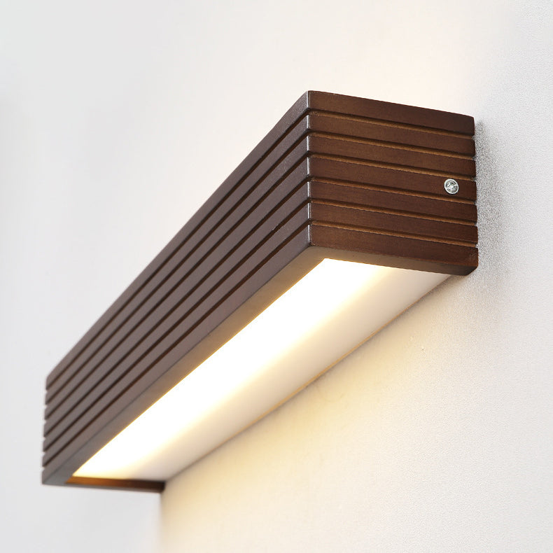 Traditional Chinese Striped Wood Cuboid LED Vanity Wall Sconce