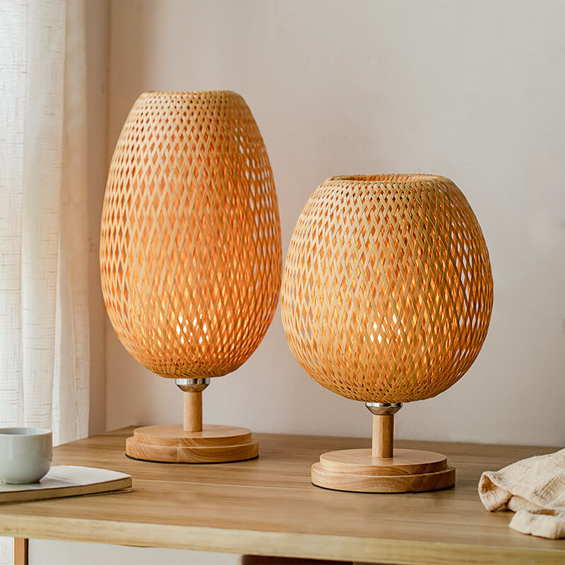 Traditional Chinese Moso Bamboo Wood Iron Weaving Table Lamp