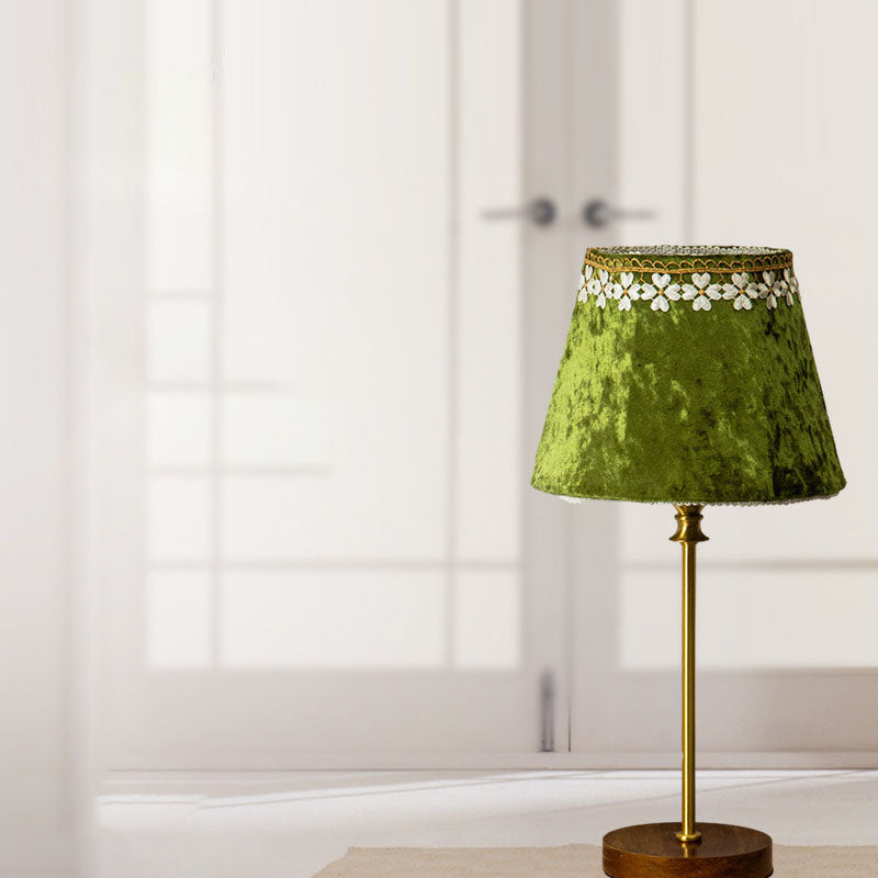 Traditional European Drum Velvet Copper Wood Table Lamp