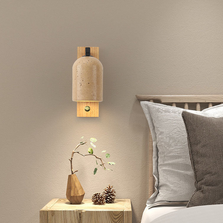 Japanese Vintage Stone Cylinder Wooden Base Wall Sconce