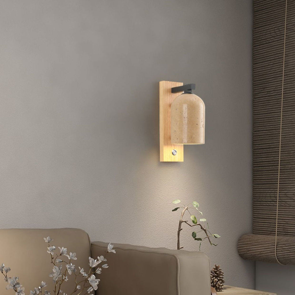 Japanese Vintage Stone Cylinder Wooden Base Wall Sconce