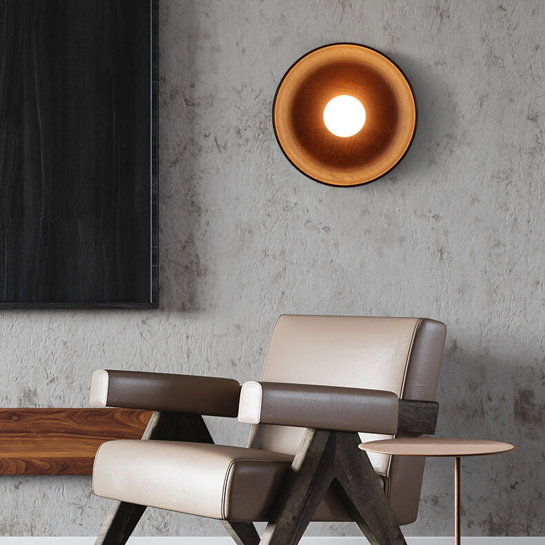 Modern Minimalist Round Disc Solid Wood 1-Light Wall Sconce