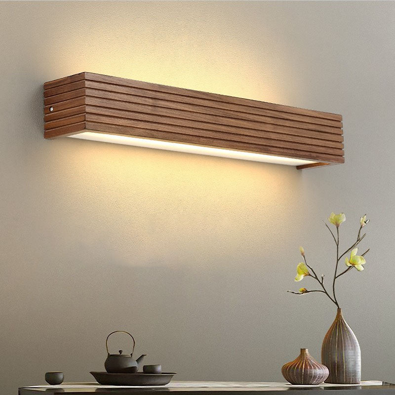 Traditional Chinese Striped Wood Cuboid LED Vanity Wall Sconce