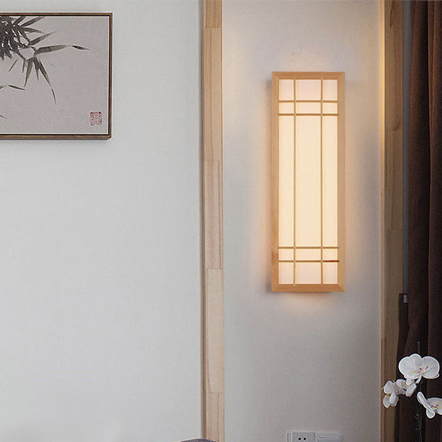 Traditional Japanese Rectangle Solid Wood LED Wall Sconce