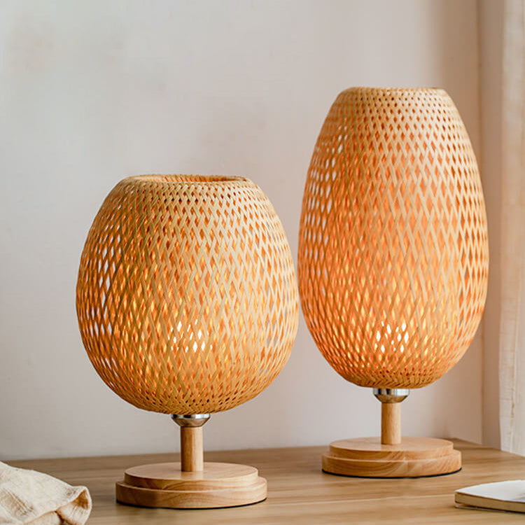 Traditional Chinese Moso Bamboo Wood Iron Weaving Table Lamp