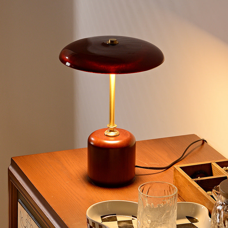 Retro Brass Wood Glass Round Cylinder LED Table Lamp