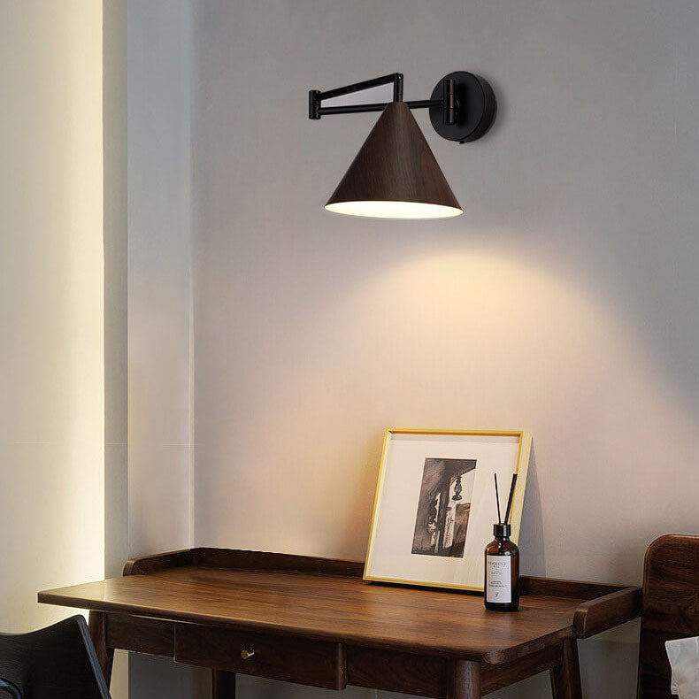 Contemporary Nordic Cone Swing Arm Wood Grain Wall Sconce