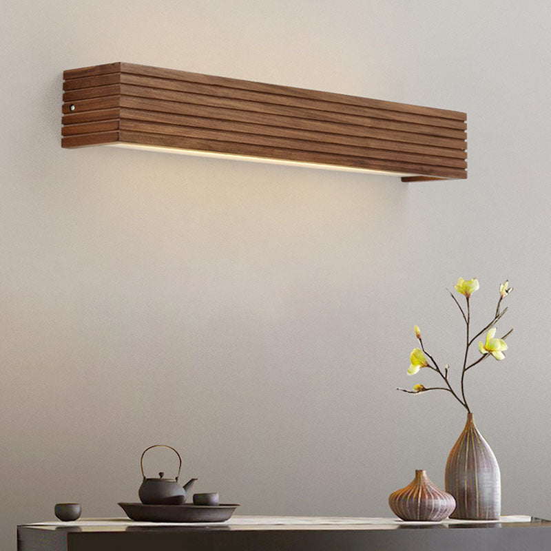 Traditional Chinese Striped Wood Cuboid LED Vanity Wall Sconce