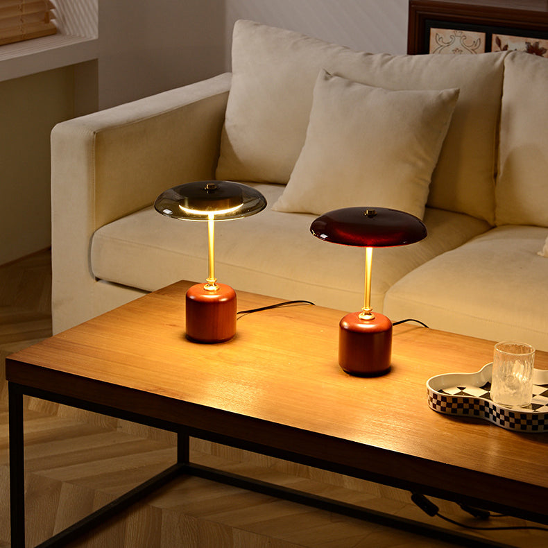 Retro Brass Wood Glass Round Cylinder LED Table Lamp