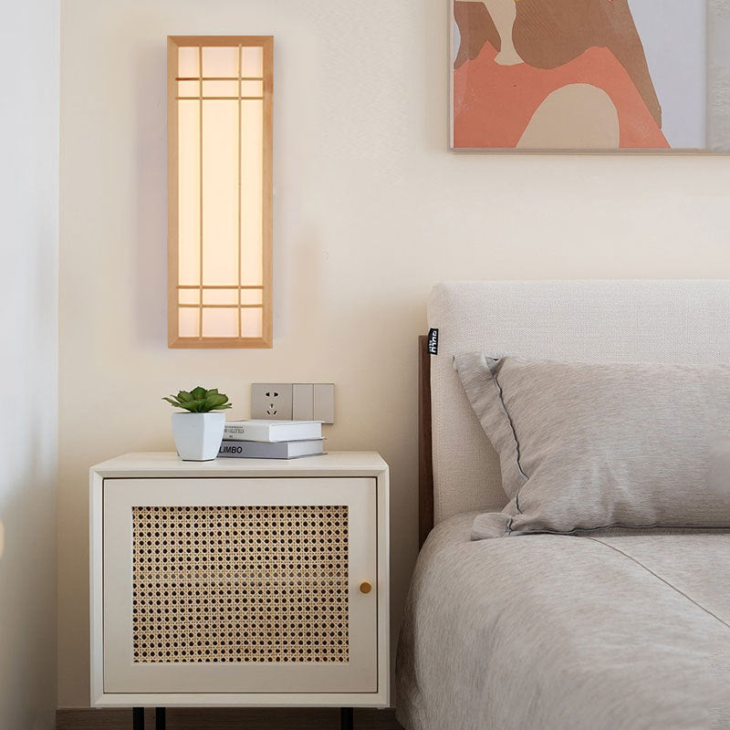 Traditional Japanese Rectangle Solid Wood LED Wall Sconce