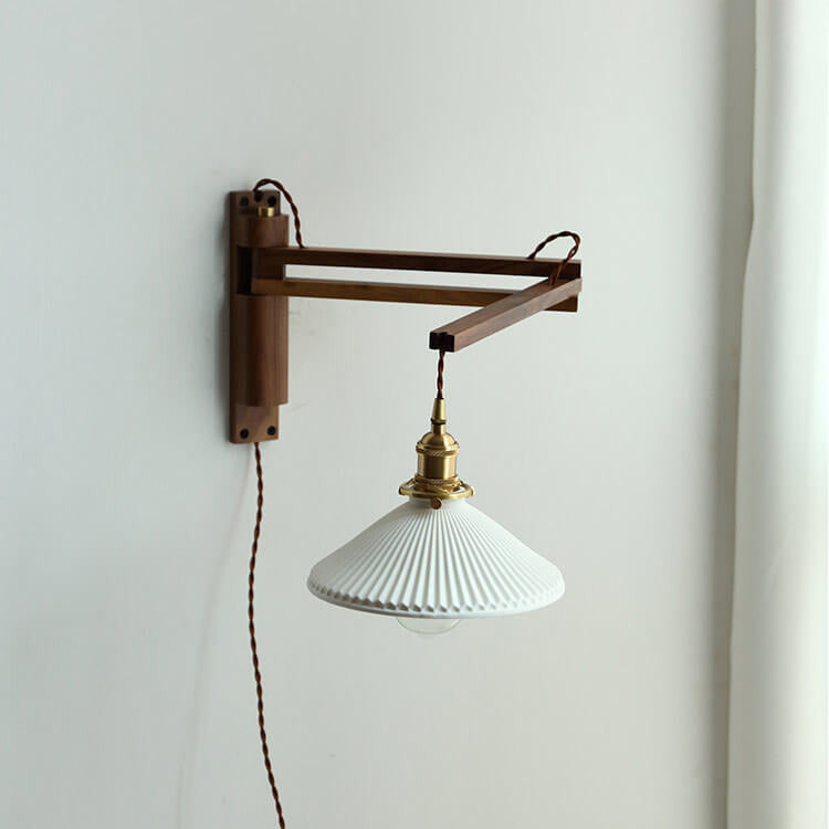 Nordic Milk White Striped Glass Walnut Wall Sconce