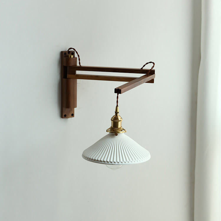 Nordic Milk White Striped Glass Walnut Wall Sconce