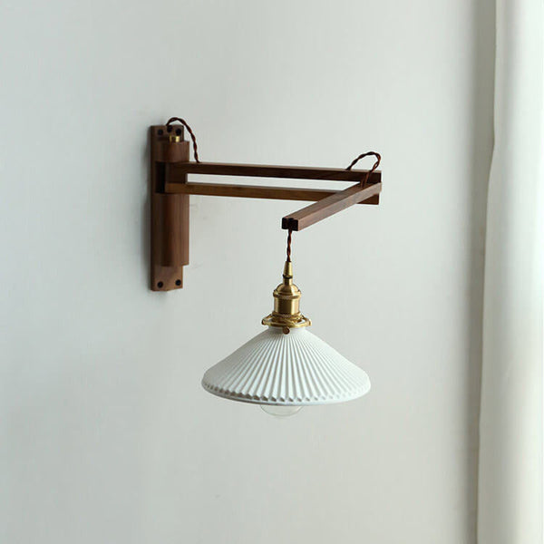 Nordic Milk White Striped Glass Walnut Wall Sconce