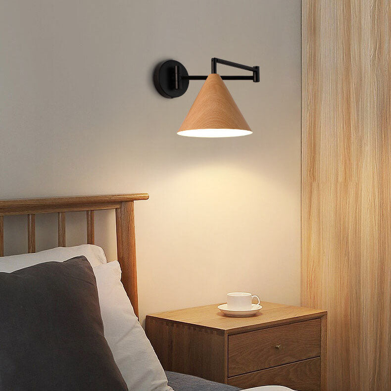 Contemporary Nordic Cone Swing Arm Wood Grain Wall Sconce
