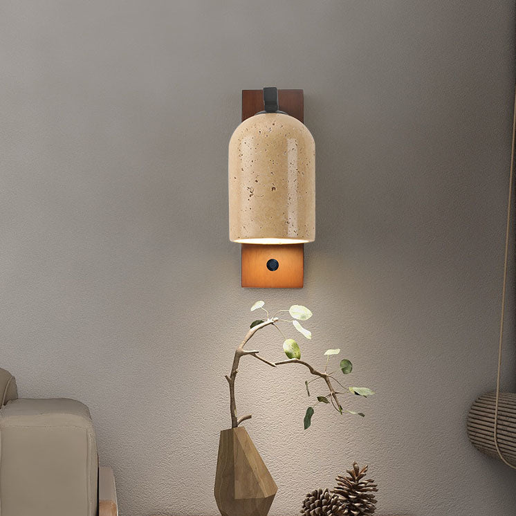 Japanese Vintage Stone Cylinder Wooden Base Wall Sconce