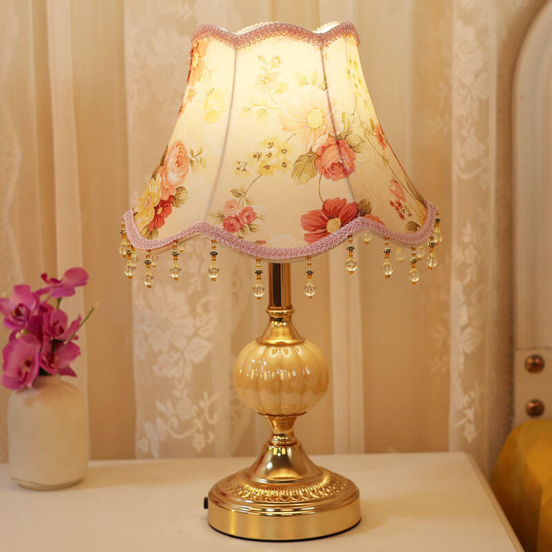 Traditional Vintage Fabric Floral Glass Hardware Table Lamp