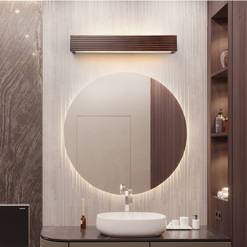 Traditional Chinese Striped Wood Cuboid LED Vanity Wall Sconce