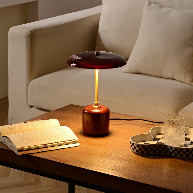 Retro Brass Wood Glass Round Cylinder LED Table Lamp