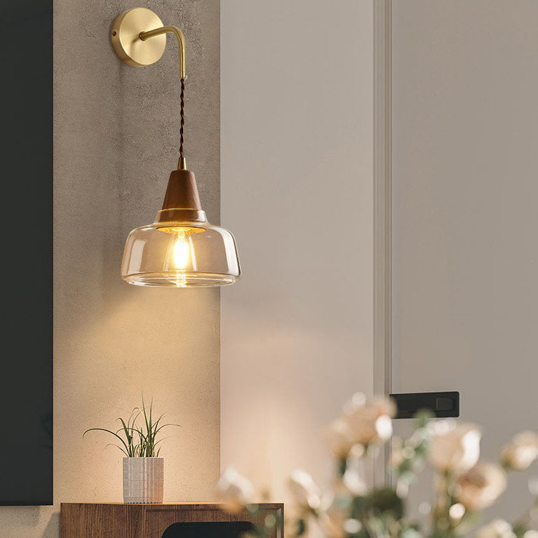 Japanese Walnut Glass Copper Cylinder 1-Light Wall Sconce