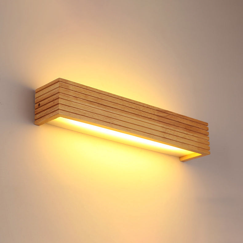 Traditional Chinese Striped Wood Cuboid LED Vanity Wall Sconce