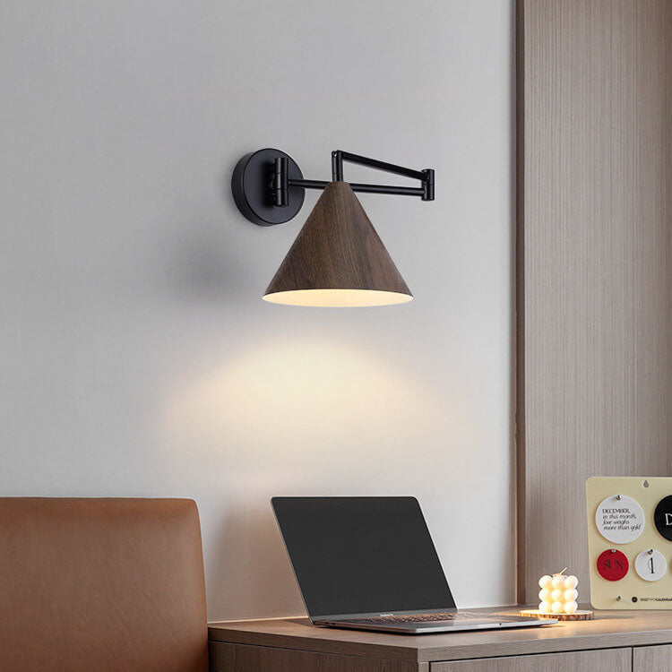 Contemporary Nordic Cone Swing Arm Wood Grain Wall Sconce