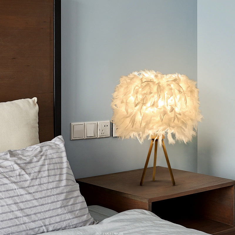 Modern Art Deco Feather Wood Cylinder Triangle Table Lamp