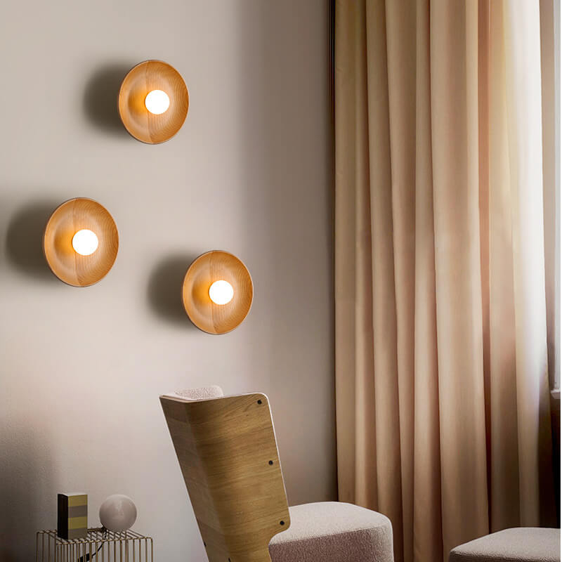 Modern Minimalist Round Disc Solid Wood 1-Light Wall Sconce