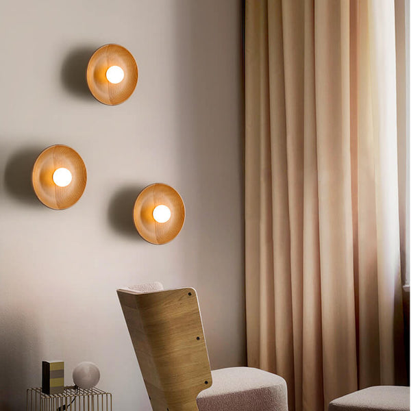 Modern Minimalist Round Disc Solid Wood 1-Light Wall Sconce