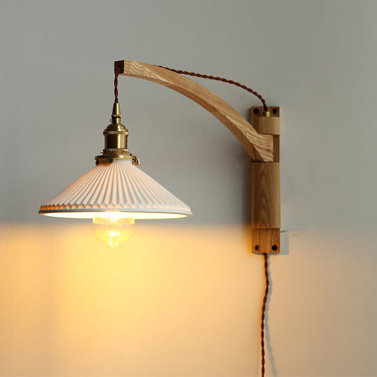 Nordic Milk White Striped Glass Walnut Wall Sconce