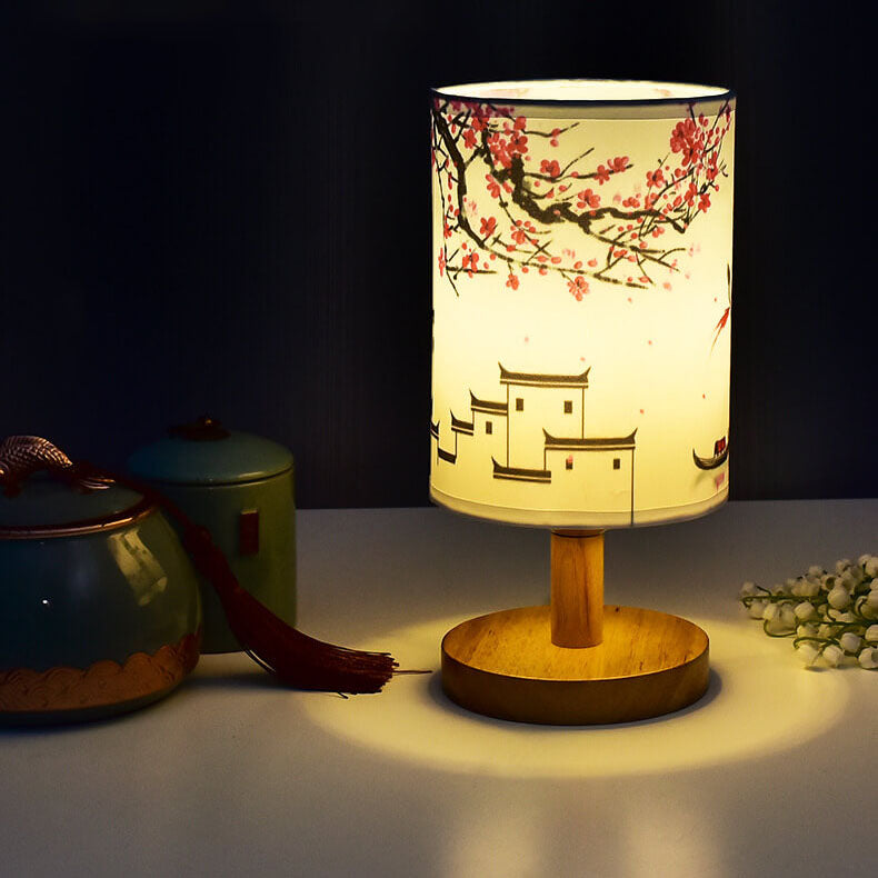 Modern Minimalist Fabric Column Landscape Wood Table Lamp