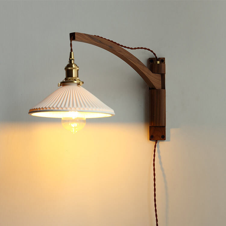 Nordic Milk White Striped Glass Walnut Wall Sconce