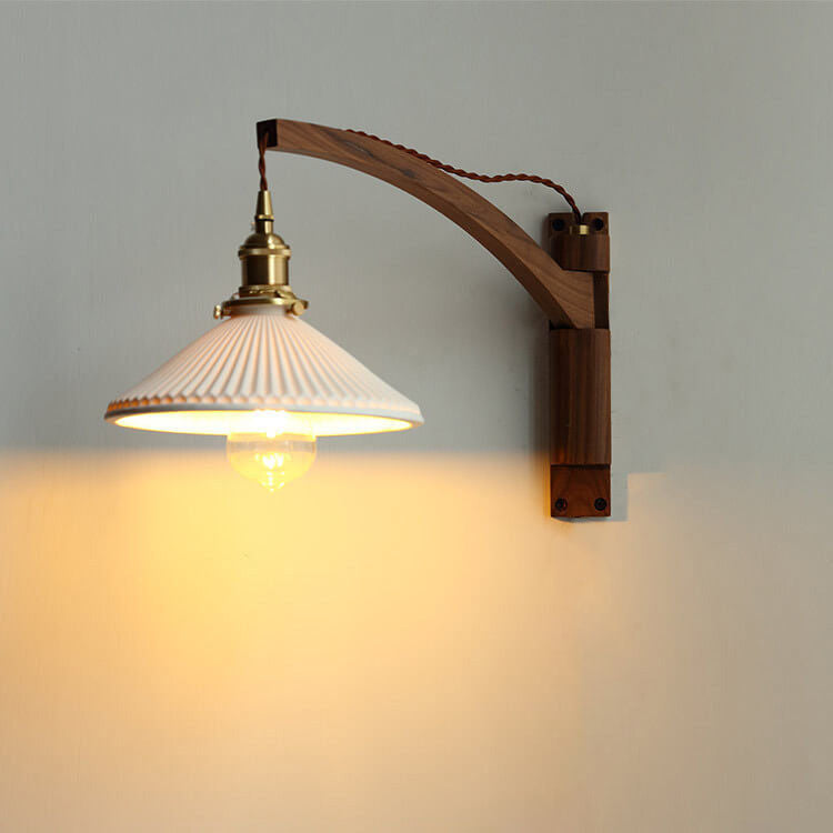 Nordic Milk White Striped Glass Walnut Wall Sconce