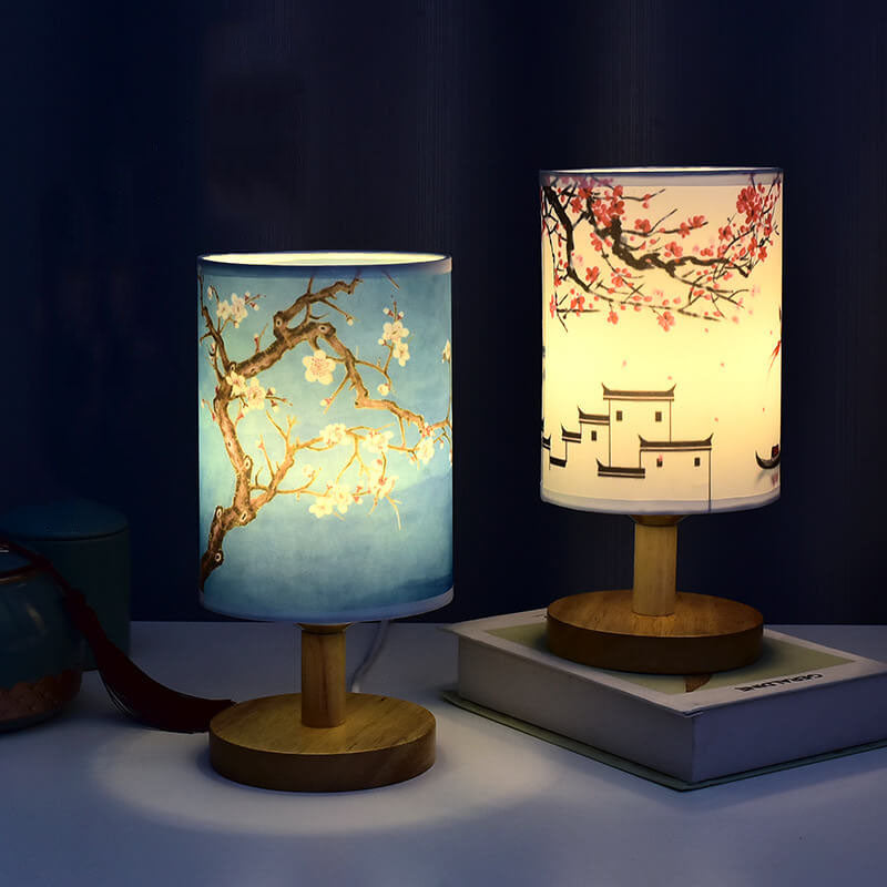 Modern Minimalist Fabric Column Landscape Wood Table Lamp