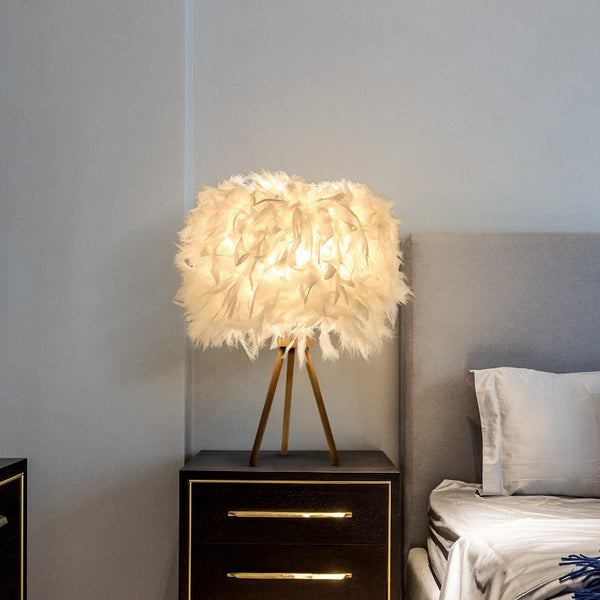 Modern Art Deco Feather Wood Cylinder Triangle Table Lamp