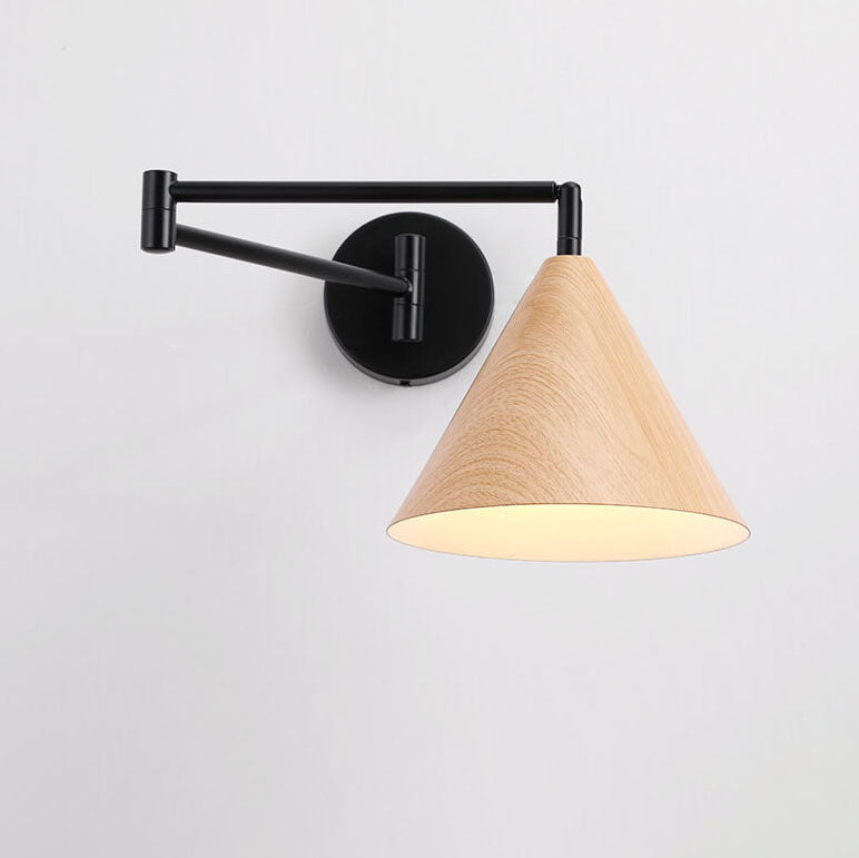 Contemporary Nordic Cone Swing Arm Wood Grain Wall Sconce