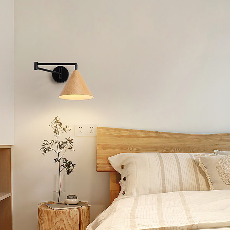 Contemporary Nordic Cone Swing Arm Wood Grain Wall Sconce
