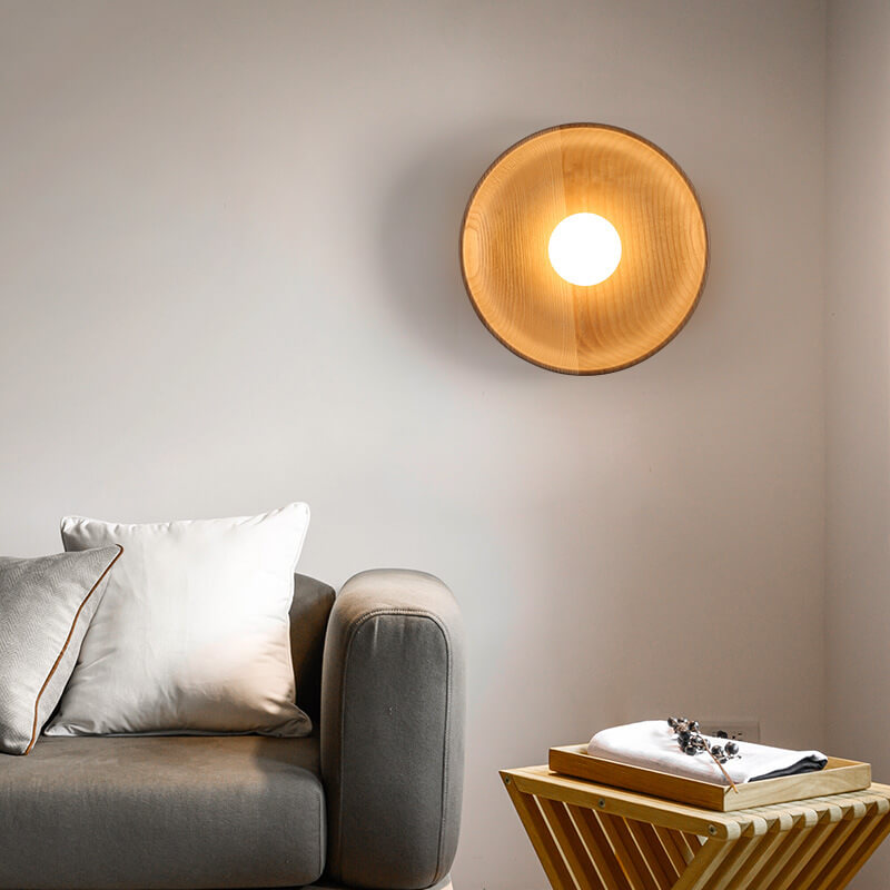 Modern Minimalist Round Disc Solid Wood 1-Light Wall Sconce