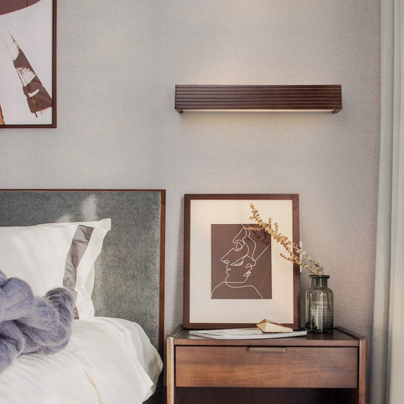 Traditional Chinese Striped Wood Cuboid LED Vanity Wall Sconce