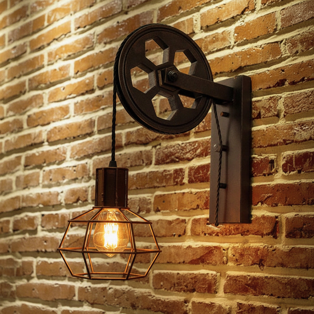Vintage Industrial Pulley Iron 1-Light Wall Sconce
