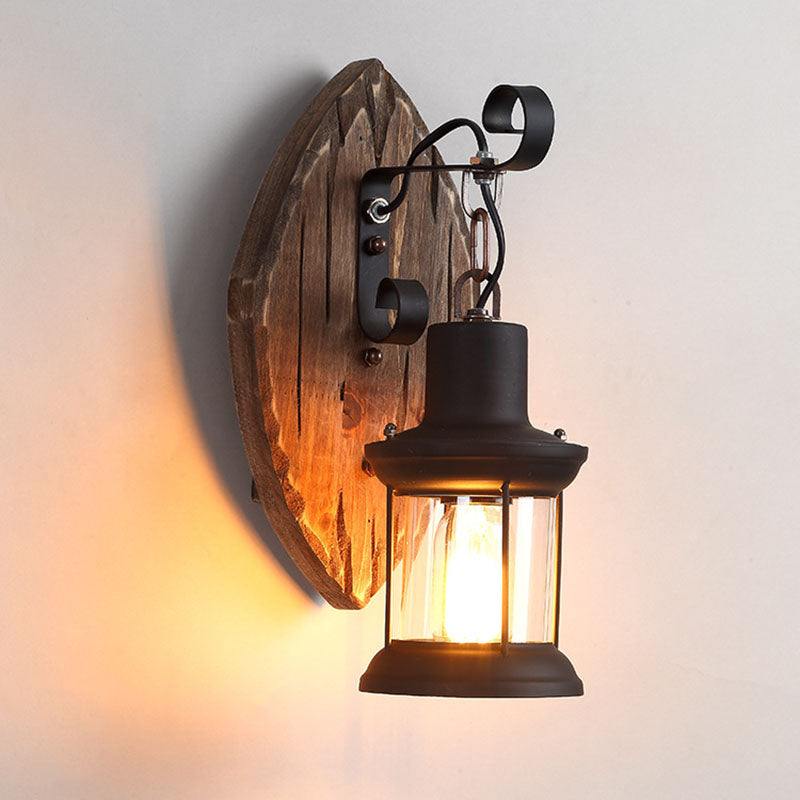 Traditional Farmhouse Wood Disc Iron Shade Wall Sconce