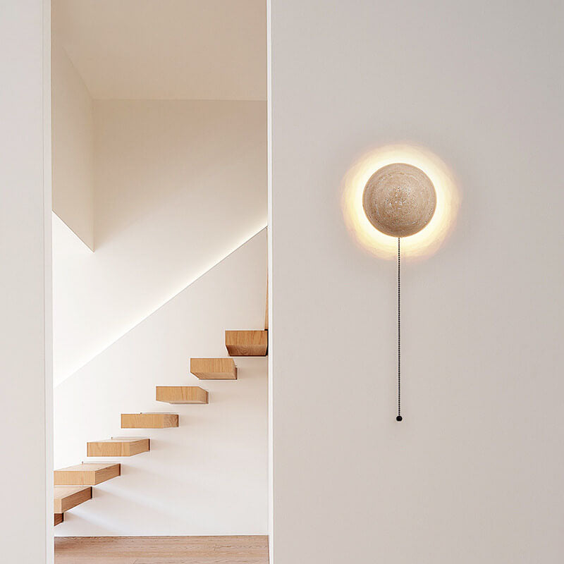 Traditional Japanese Round Yellow Travertine Wall Sconce
