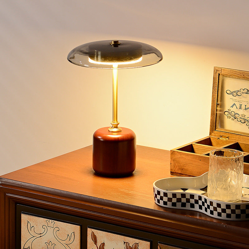Retro Brass Wood Glass Round Cylinder LED Table Lamp
