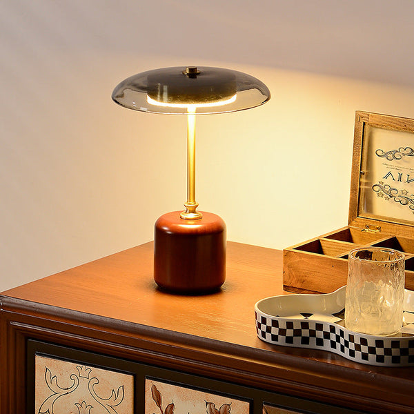 Retro Brass Wood Glass Round Cylinder LED Table Lamp